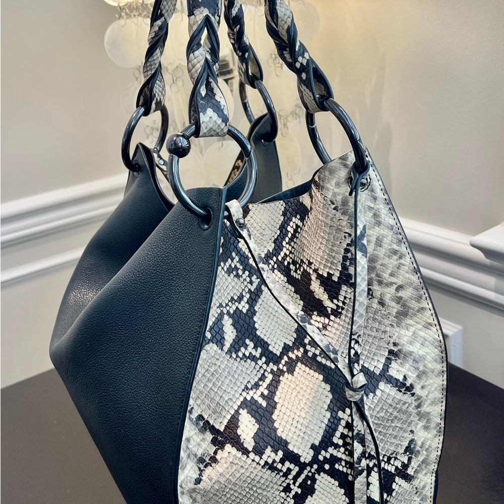 REBECCA MINKOFF Black and Cream Snakeskin Tote